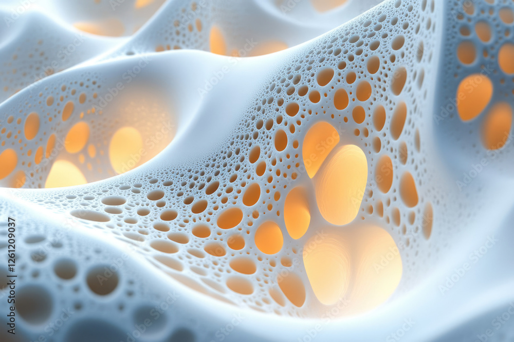 Poster abstract 3d rendering of a porous, undulating surface with glowing inner cavities.