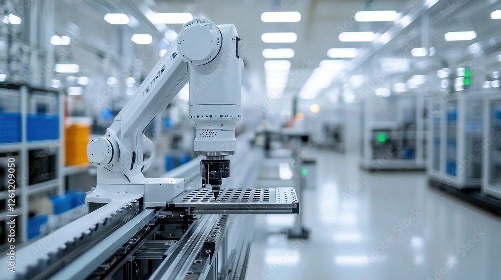 Aufkleber robotic arm operates on an assembly line, handling components efficiently in a sterile, organized in