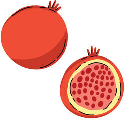 Juicy red pomegranate, whole and sliced. Pictures on a plain white background are a useful fruit. Sticker with doodles