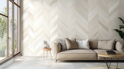 Modern beige living room with herringbone wall and floor