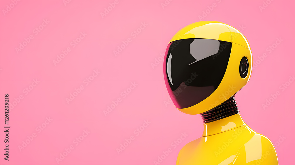 Poster futuristic yellow robot head and torso. 3d rendering of an autonomous machine. black visor, robotic 