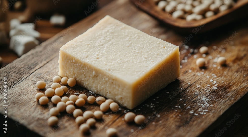 Poster close-up view showcases a block of tofu surrounded by soybeans, emphasizing their textures on a wood