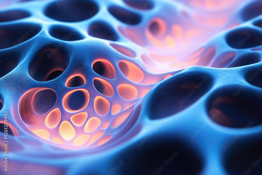 Poster Abstract 3D rendering of a porous, biomorphic structure with glowing inner cavities.