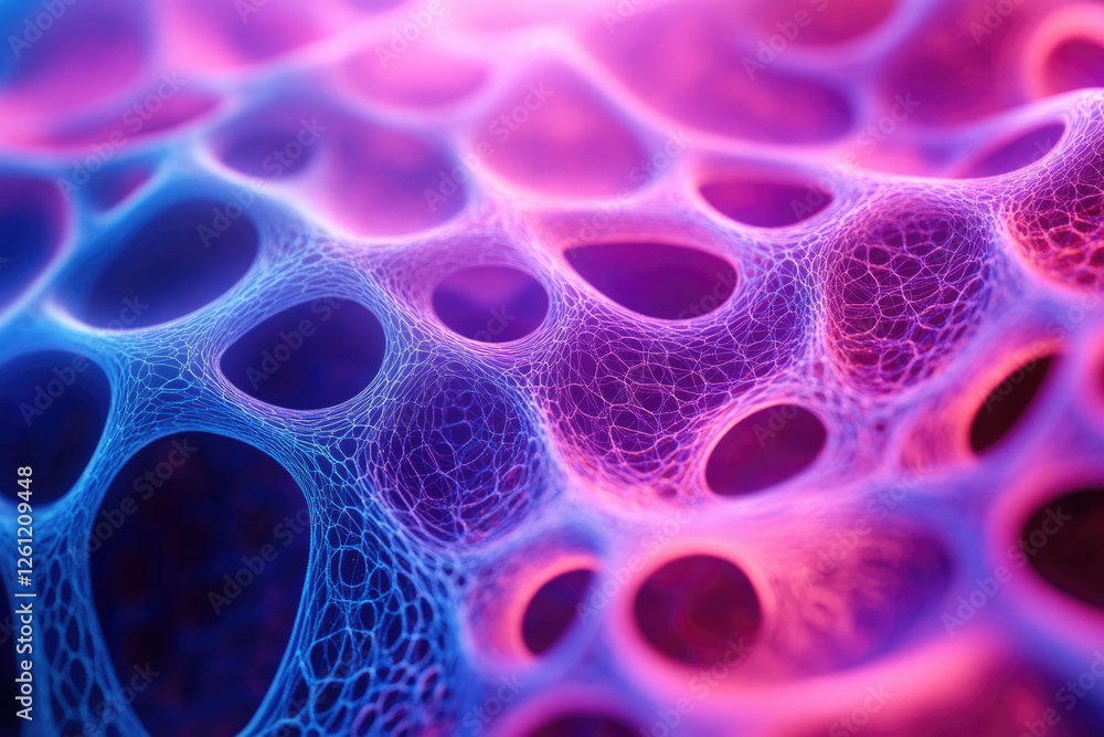 Poster abstract 3d rendering of a vibrant, interconnected network with glowing pink and blue hues.