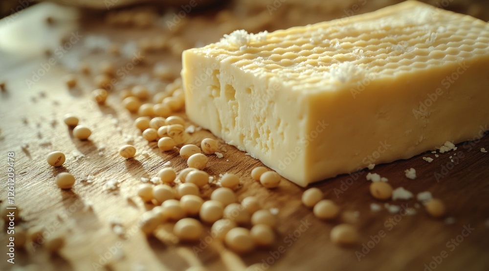 Poster close-up of tofu block surrounded by scattered soybeans, highlighting natural textures and a rustic 