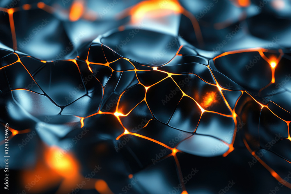 Poster abstract 3d rendering of a dark, metallic, undulating surface with glowing orange lines resembling a