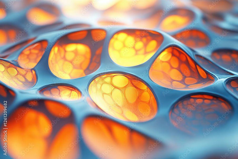 Poster Abstract 3D rendering of a bioluminescent, interconnected network with glowing orange cells.