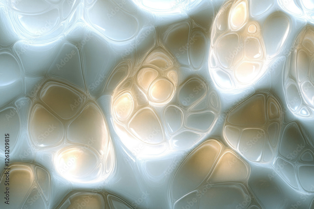 Poster Abstract image featuring a flowing, organic texture with iridescent, bubble-like forms in pale blue and beige tones.