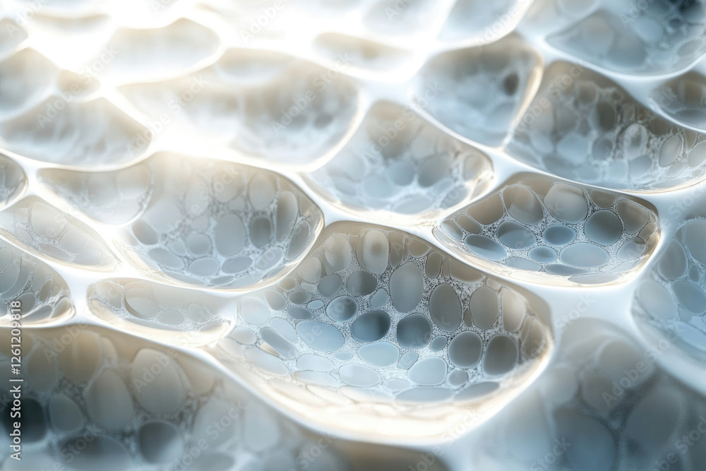 Poster Abstract 3D rendering of a flowing, textured surface with a pattern of interconnected cells or bubbles.