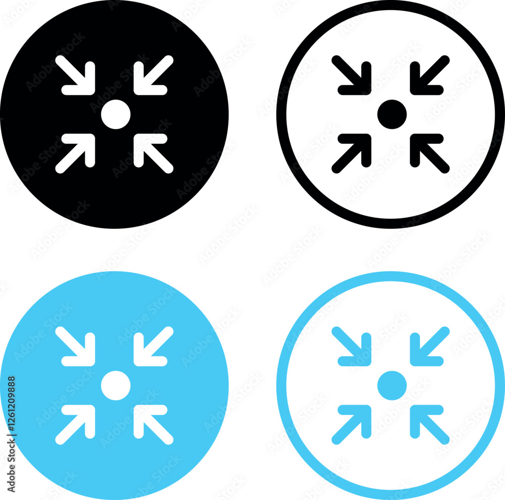 Aufkleber minimize icon four 4 arrows icon meeting point, rally compact size small scale arrows icons. shrink 
