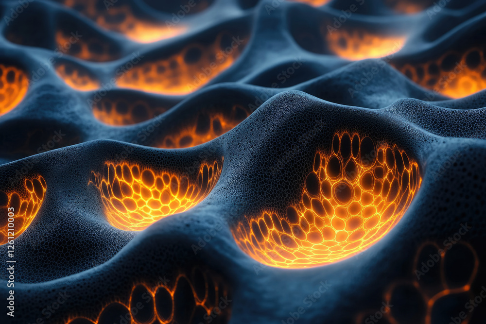 Poster abstract 3d render of a dark, undulating surface with glowing orange, honeycomb-like craters.