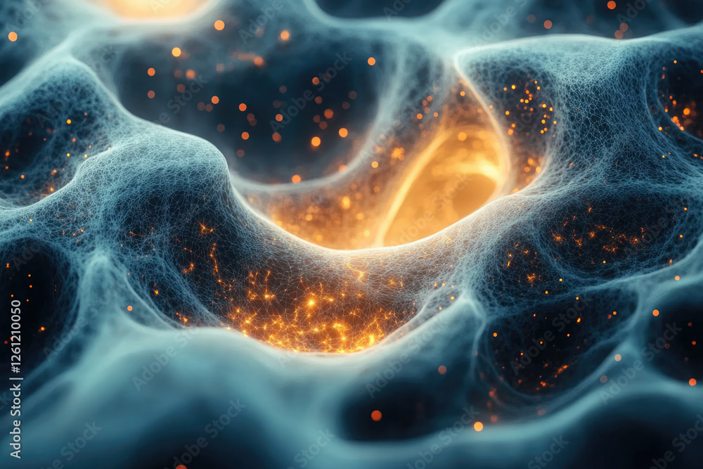 Poster abstract 3d rendering of a glowing network, resembling a neural network or cosmic landscape.