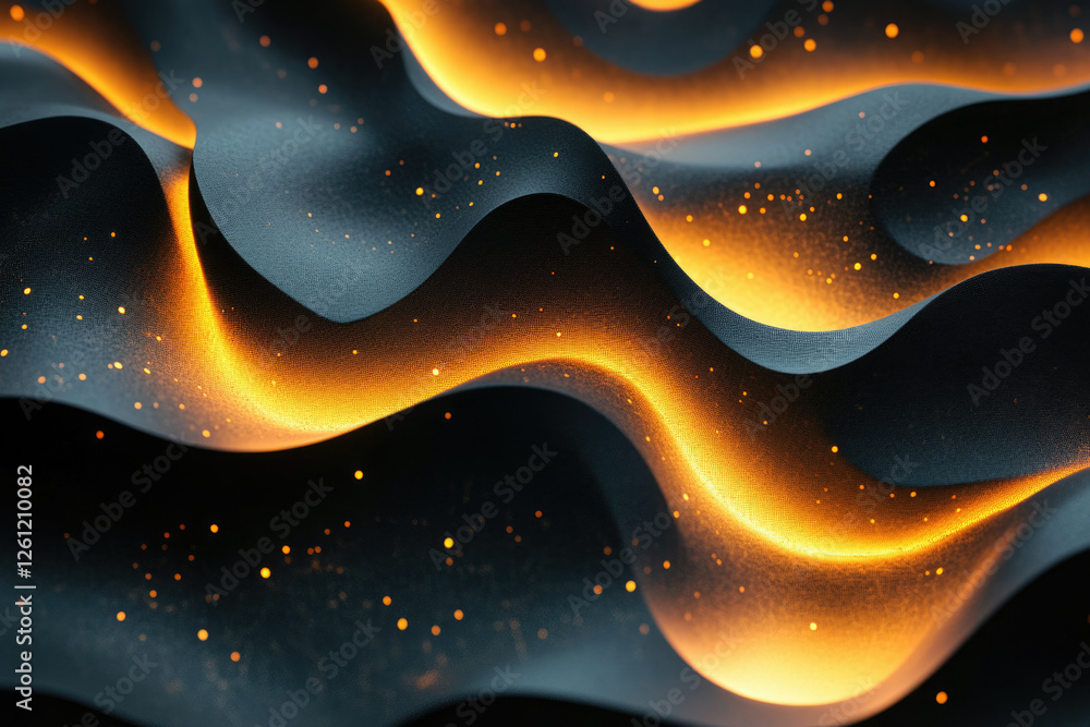 Aufkleber Abstract 3D rendering of dark wavy surface illuminated by glowing orange lines and scattered golden particles.