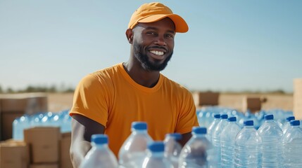 Smiling man distributing water bottles at a community service event in warm weather