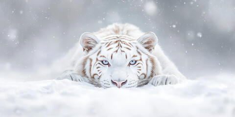 A white tiger in the snow in winter. Tiger of rare color, red-listed animal, animal world