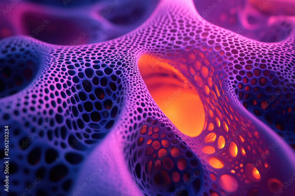 Poster abstract 3d render of a porous, biomorphic structure with vibrant purple and orange lighting.