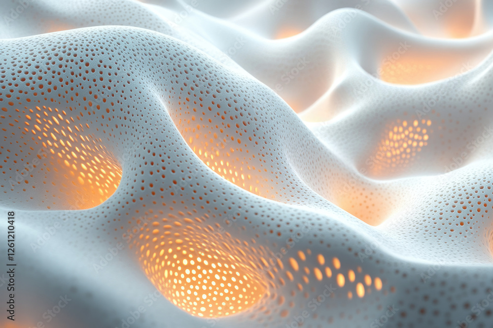 Poster Abstract 3D rendering of a porous, undulating surface with warm inner light.