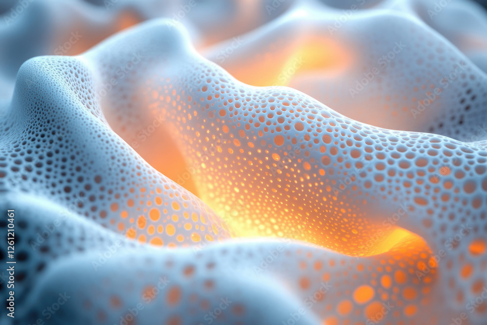 Poster abstract 3d rendering of a porous, wave-like surface with glowing interior.