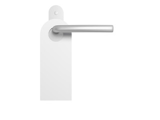 Chrome door handle with white door hanger. Isolated. Doorknob. Doorhanger.  Blank. 3d illustration.