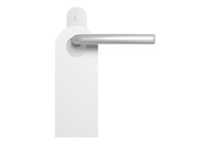 Chrome door handle with white door hanger. Isolated. Doorknob. Doorhanger.  Blank. 3d illustration.