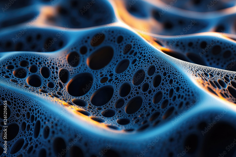 Poster Abstract 3D rendering of a dark blue, undulating surface with many interconnected holes, lit from below.