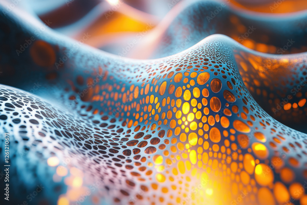 Poster Abstract 3D render of a wavy, perforated surface with glowing orange holes, creating a futuristic and organic texture.
