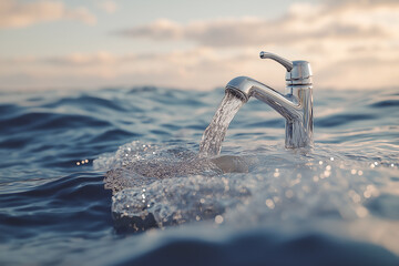 Fototapeta premium Water tap, mixer from which a stream of water flows into the ocean. World Water Day concept. Place for text. Benefits of drinking clean water. Drinking water shortage concept.