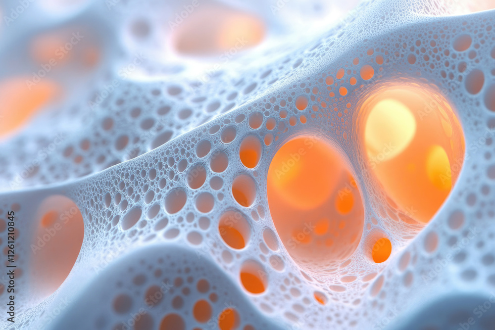 Poster abstract 3d rendering of a porous, cavernous structure with glowing orange interiors.