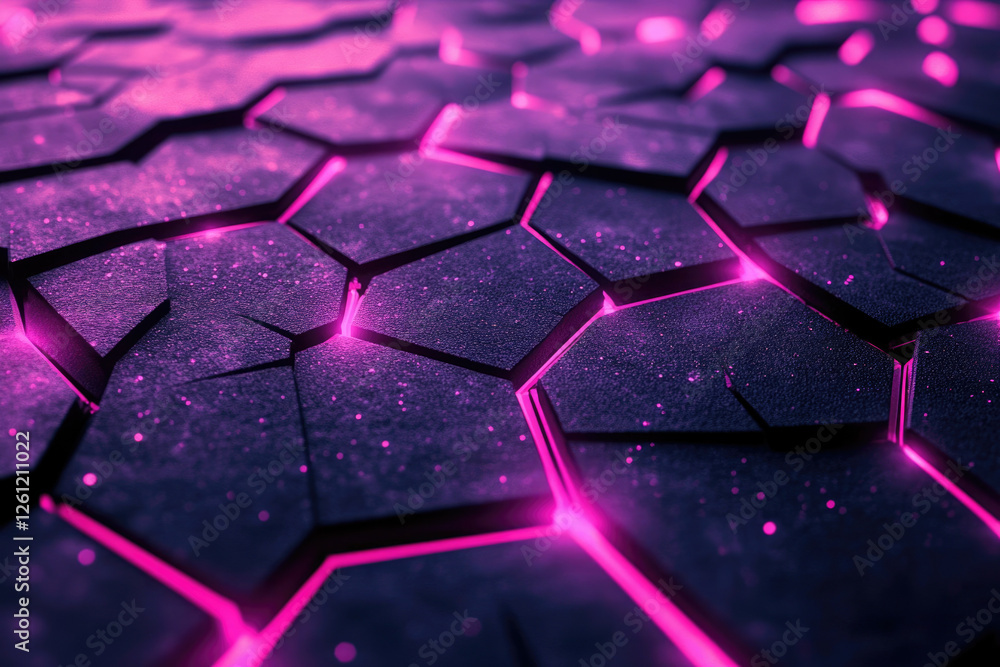 Poster abstract dark purple hexagonal pattern with glowing pink lines, futuristic technology concept.