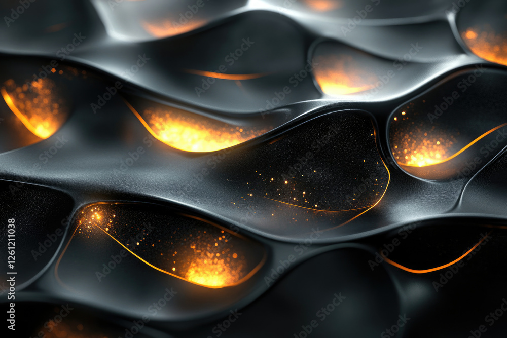 Poster abstract 3d render of flowing dark surface with glowing orange embers.