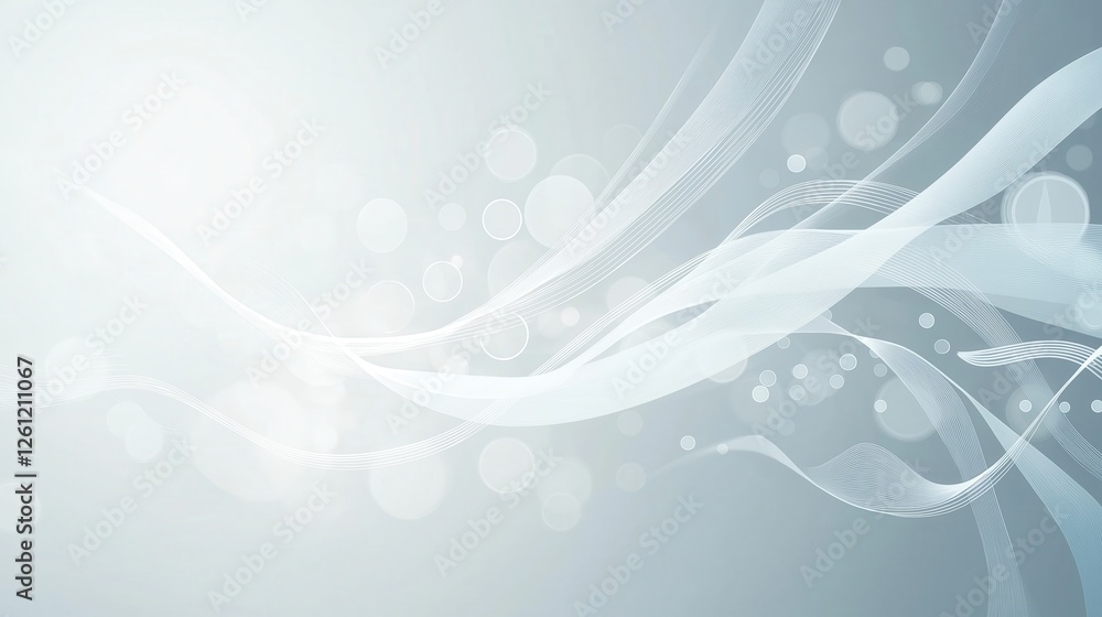Poster delicate white wavy lines intertwining, flowing across soft grey backdrop with blurred light bokeh, 