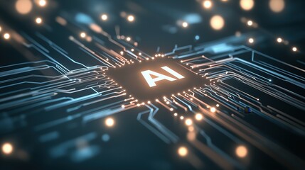 Glowing ai processor embedded in advanced circuit board, highlighting technological innovation, machine learning capabilities, and cutting edge computational design
