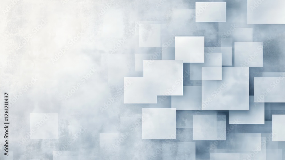 Poster square geometric forms in white, layered with translucent overlapping, creating minimalist graphic p