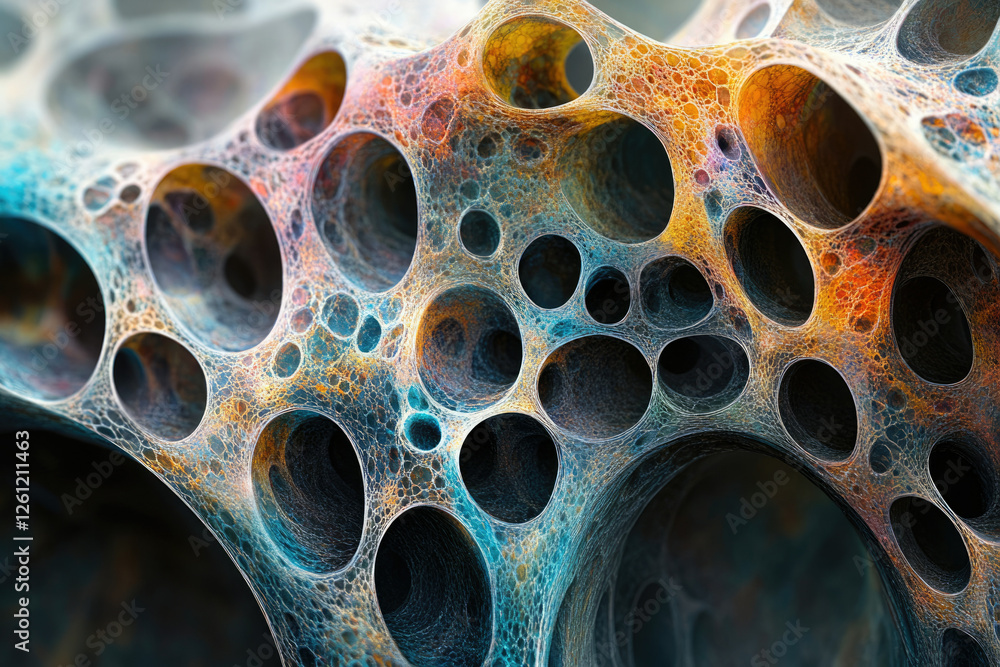 Poster Abstract 3D render of a porous, cavernous structure with intricate network and vibrant color palette.