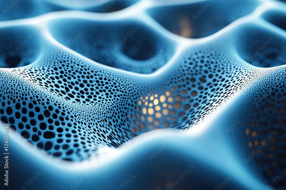 Poster abstract 3d rendering of a blue, undulating surface with a porous, honeycomb-like texture.