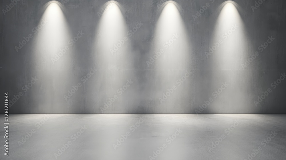 Poster four spotlights are illuminating an empty concrete room, creating a dramatic and mysterious atmosphe