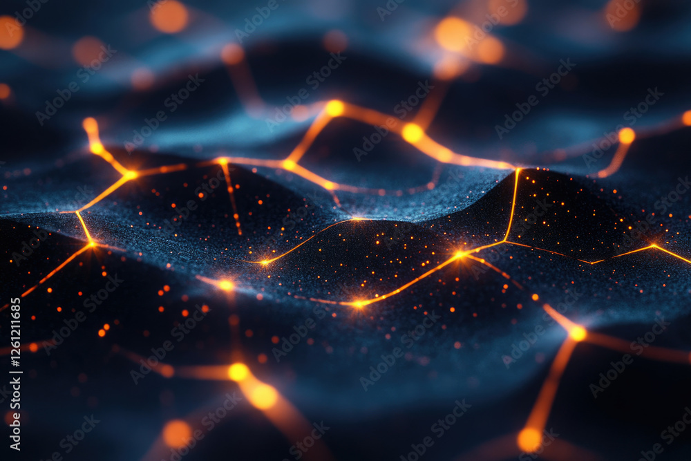 Poster Abstract digital landscape with glowing nodes and connections, representing data flow or network.