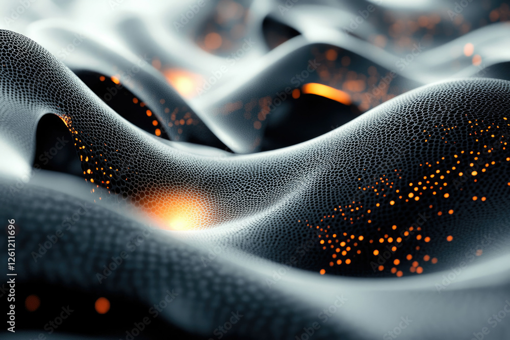 Aufkleber Abstract 3D rendering of a dark, undulating mesh with glowing orange particles, suggesting a network or data visualization.