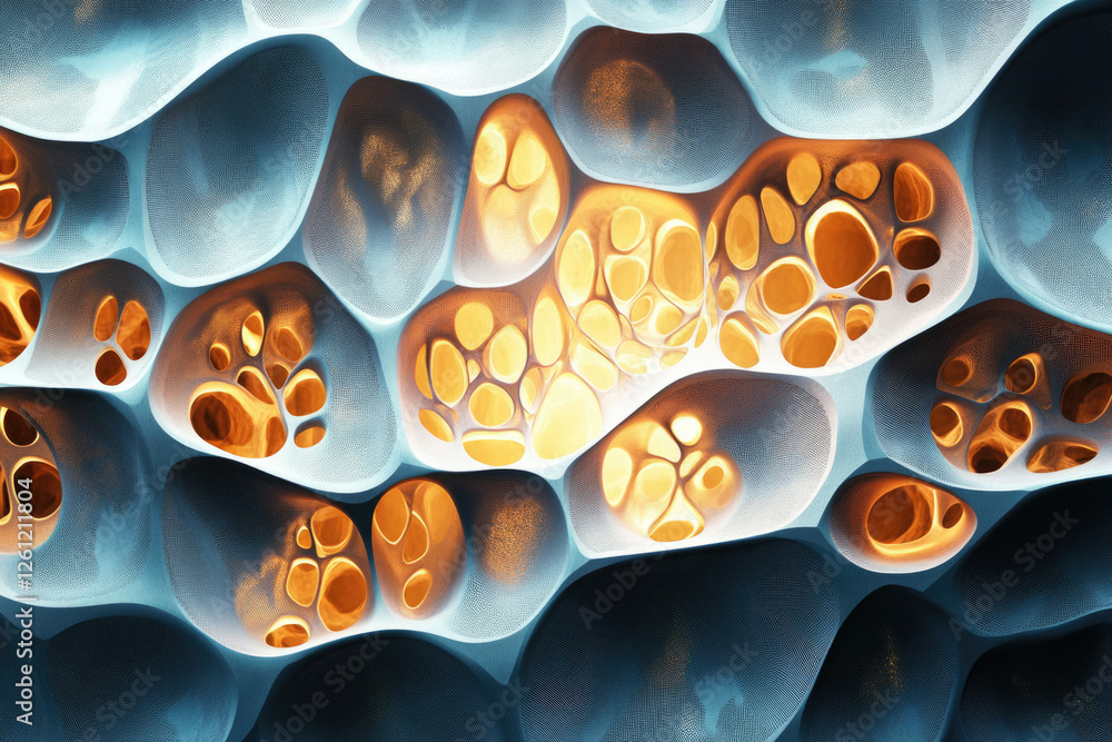 Poster Abstract 3D render of interconnected organic shapes, glowing amber within a teal textured surface.