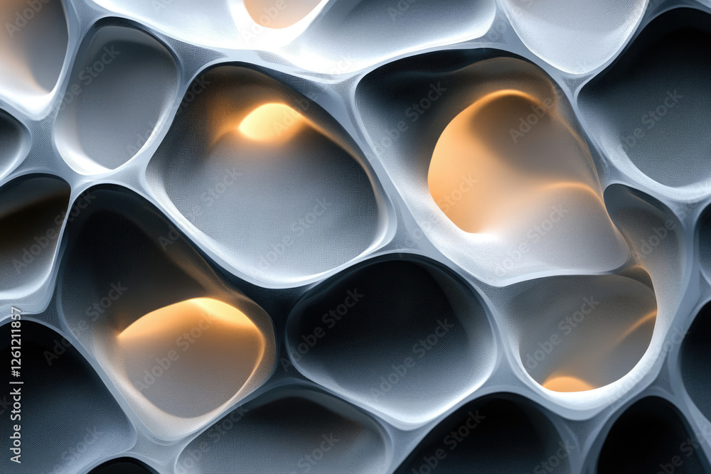 Poster Abstract 3D render of a gray organic structure with glowing orange interiors, resembling a complex network or cellular form.