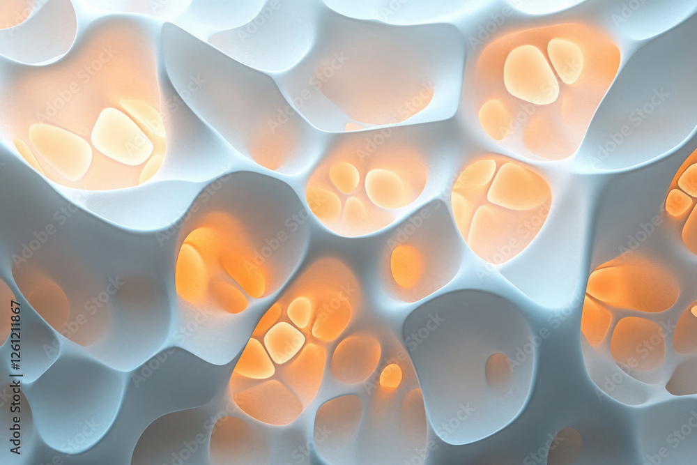 Poster abstract 3d render of interconnected organic forms with warm inner glow, resembling a cellular struc