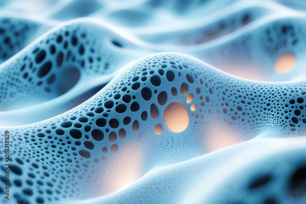 Poster Abstract 3D rendering of a porous, undulating surface with varied sized holes, creating a complex texture.