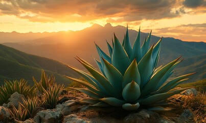 Majestic Agave plant silhouetted against a dramatic golden sunset over mountains