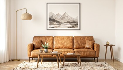 Modern living room interior with brown leather sofa, wooden coffee table, framed landscape artwork, and pendant light. Cozy home decor and Scandinavian design concept.