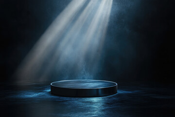 Dark, moody scene with a spotlight illuminating a circular platform, creating a dramatic and mysterious atmosphere.
