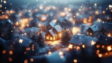 Snowy Christmas village, warm lights, falling snow, miniature town