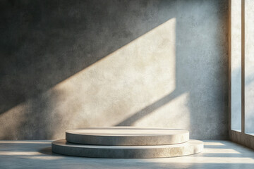 Obraz premium Minimalist concrete podium bathed in sunlight against a textured wall, ideal for product display or presentation.