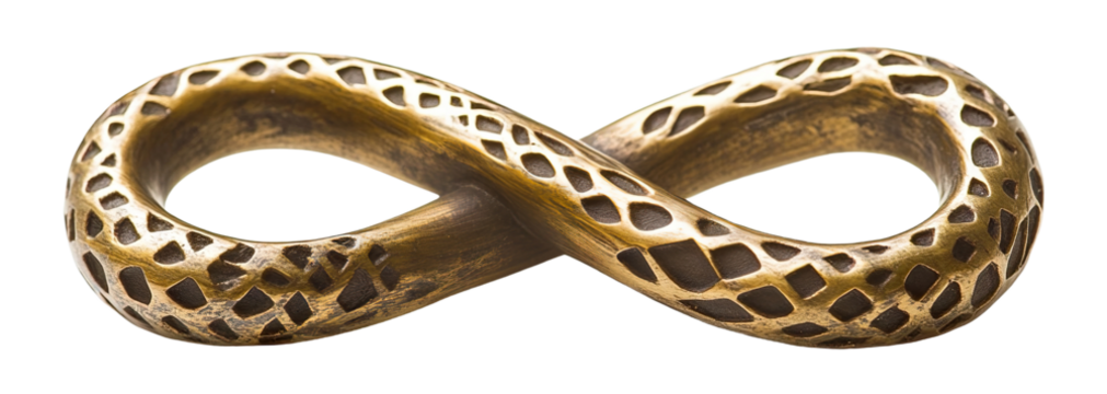 Bronze infinity symbol with reptilian surface, isolated on transparent cutout background
