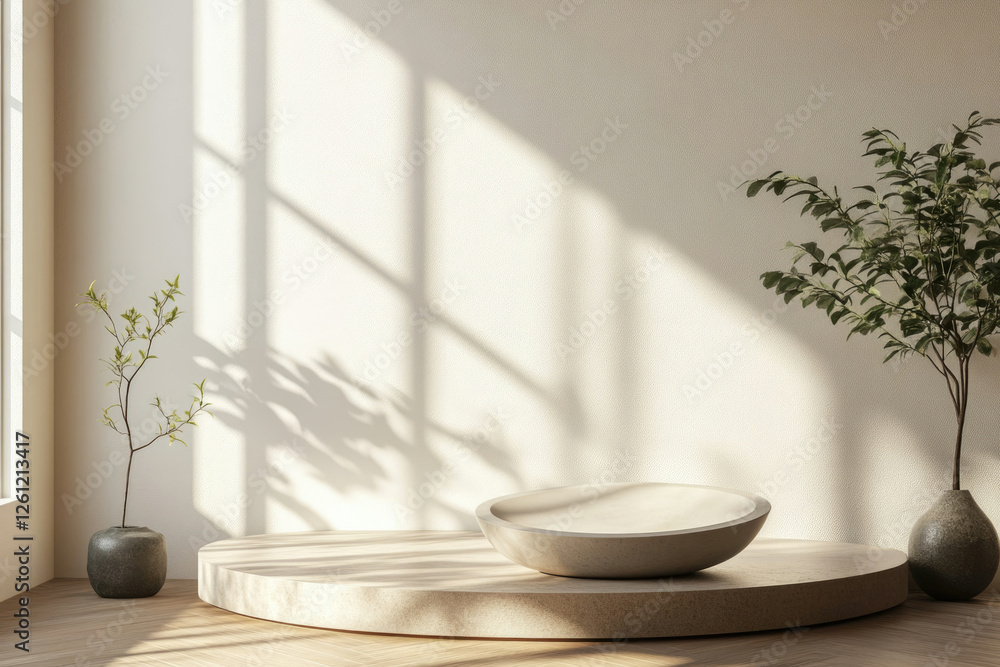 Poster minimalist scene with a beige bowl on a wooden platform, illuminated by sunlight filtering through a