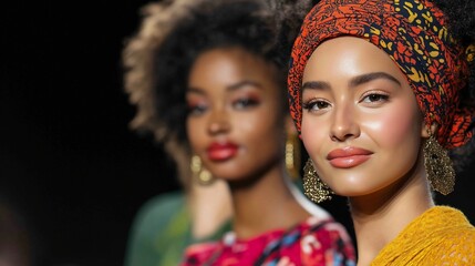Obraz premium Fashion models showcase vibrant styles during a runway event in a metropolitan city